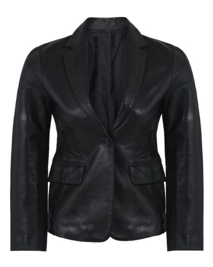 Women’s Black Leather Blazer Jacket – Tailored One Button Formal Coat