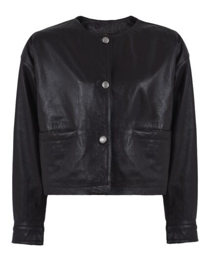 Women’s Black Cropped Leather Jacket with Button Closure – Minimalist Modern Style
